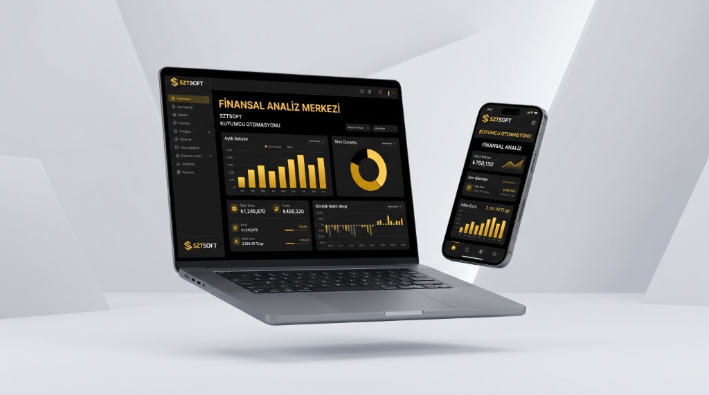 SZTSOFT kuyumcu otomasyonu — laptop ve mobil finansal analiz paneli